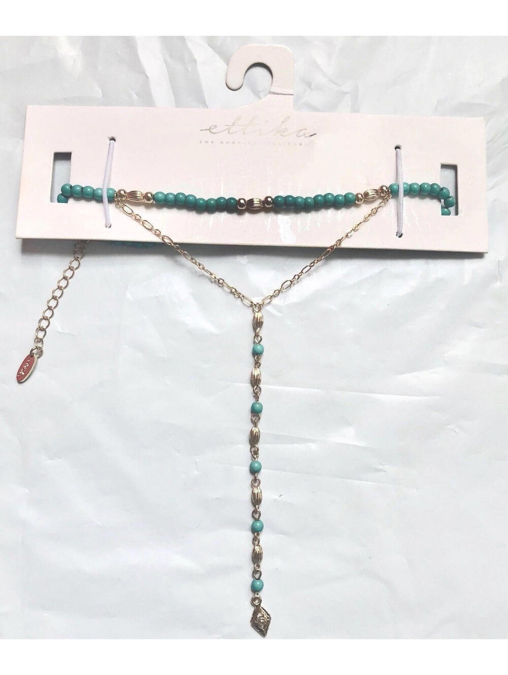 NWT Ettika Anthropologie Turquoise Blue Gold Beaded Choker Charm Chain 10" L